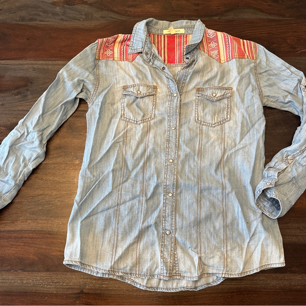 Life in Progress Denim Button Down Shirt with Red Accents